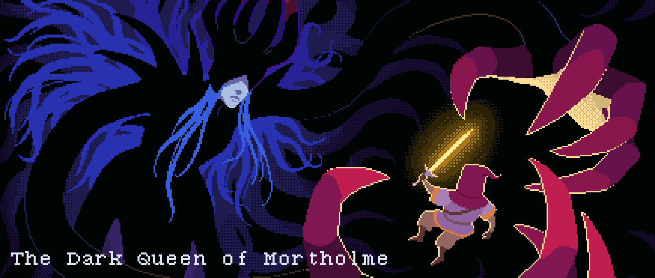Dark Queen confronting a hero in pixel art style